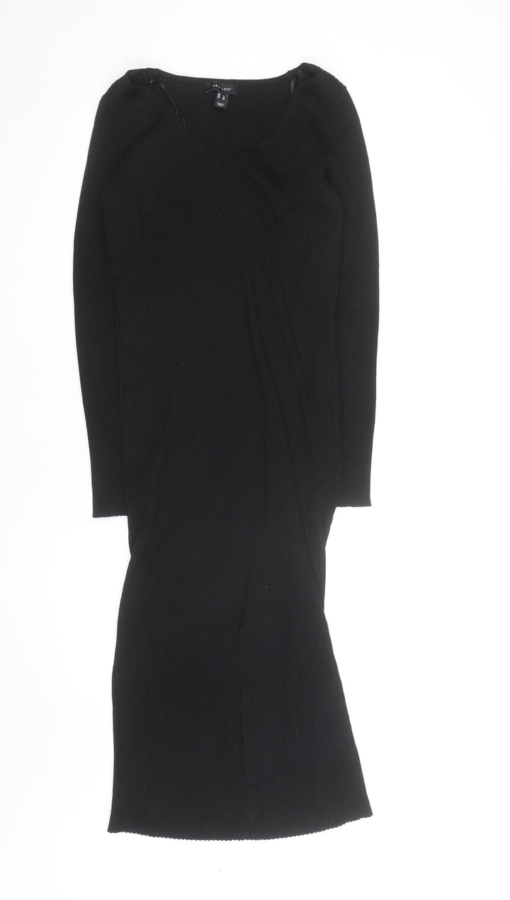 New Look Women’s Black Size 12 V-Neck Ribbed Bodycon Midi Dress