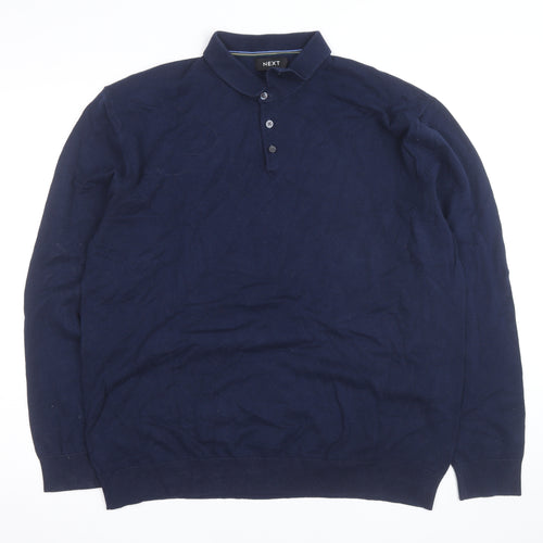 Next Men's Blue XL Cotton Long Sleeve Polo Shirt