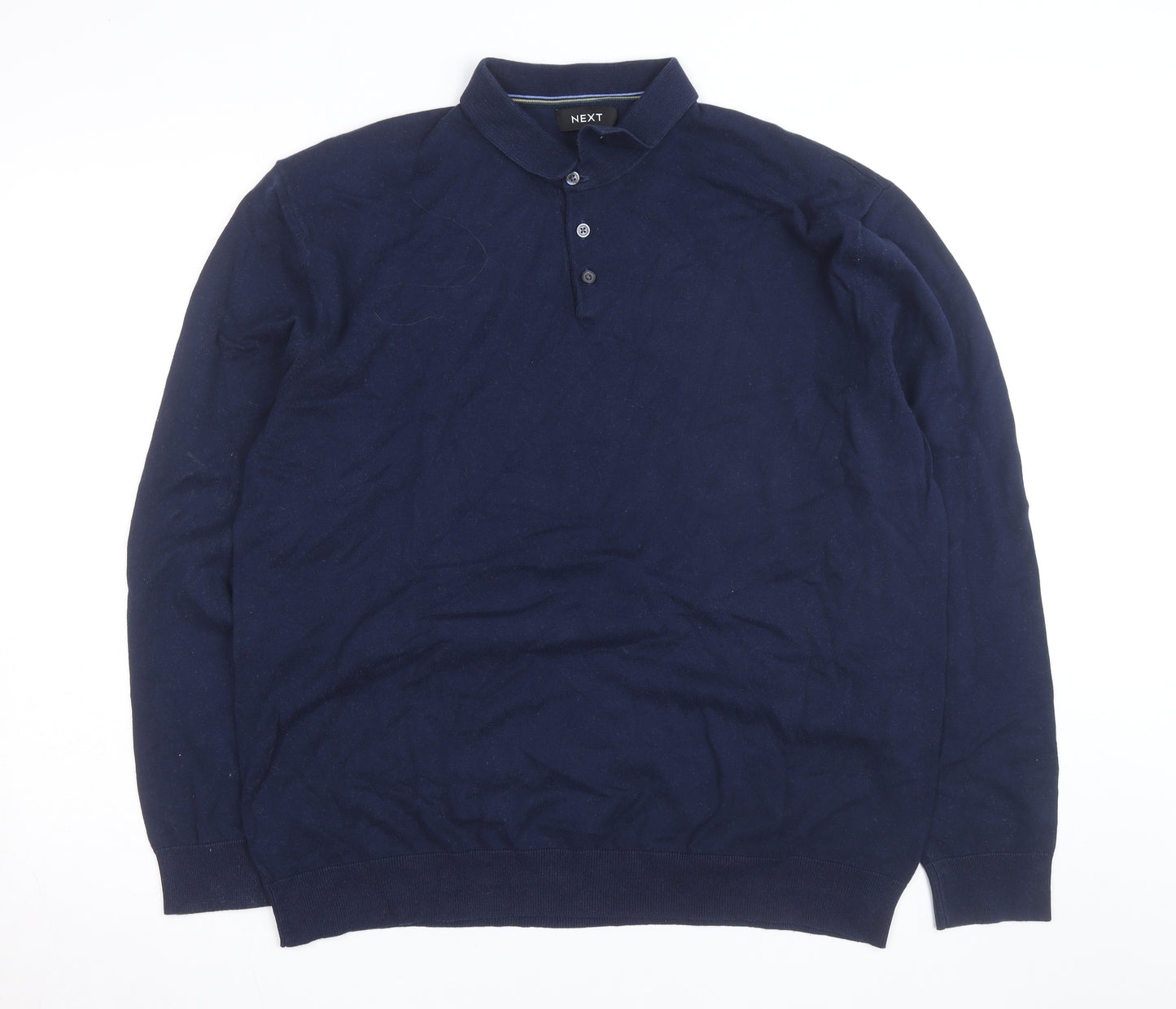 Next Men's Blue XL Cotton Long Sleeve Polo Shirt