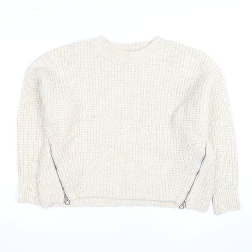 Topshop Women Ivory Waffle-Knit Zip Pullover Jumper Size L