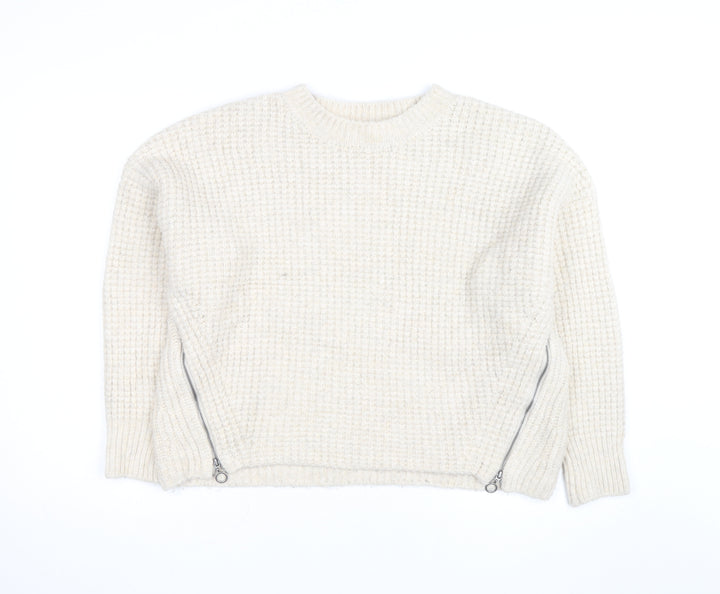 Topshop Women Ivory Waffle-Knit Zip Pullover Jumper Size L