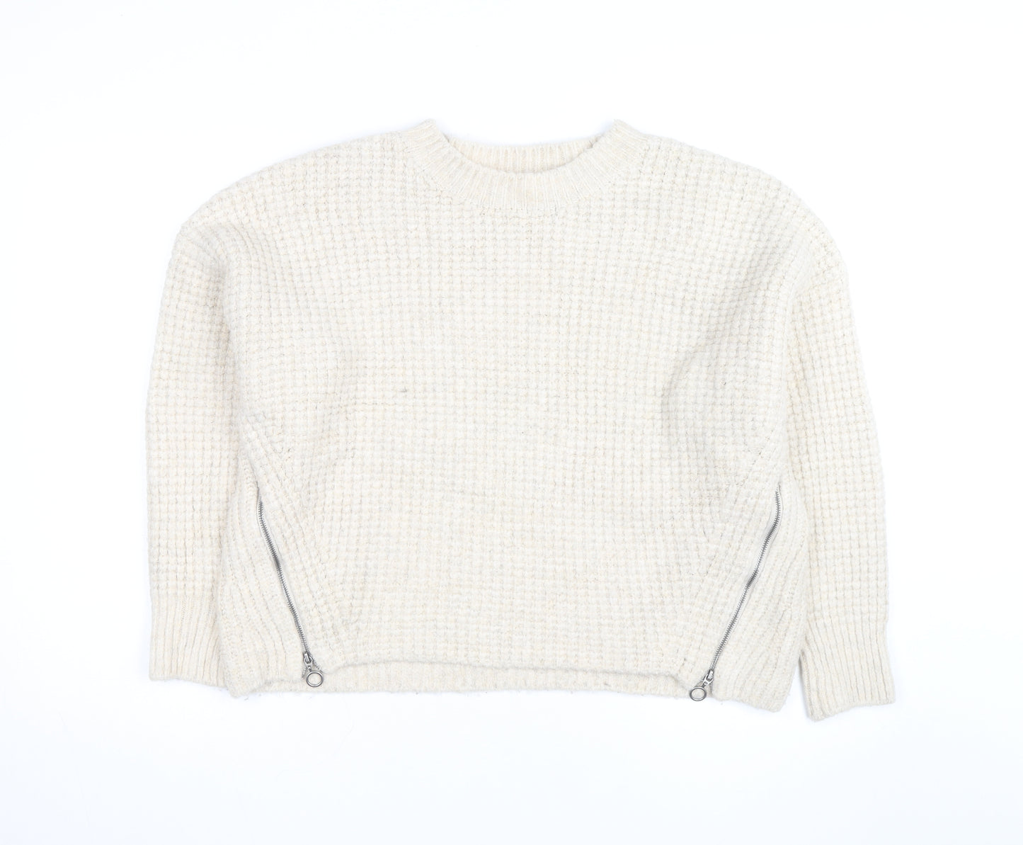 Topshop Women Ivory Waffle-Knit Zip Pullover Jumper Size L