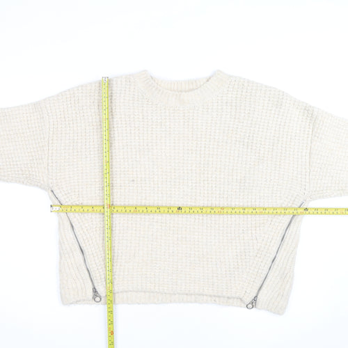 Topshop Women Ivory Waffle-Knit Zip Pullover Jumper Size L