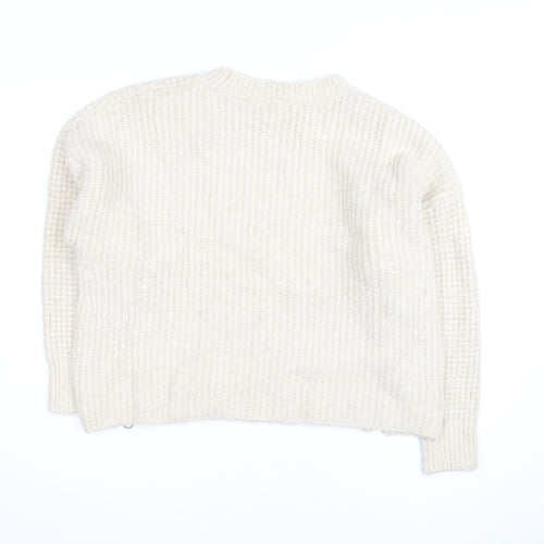 Topshop Women Ivory Waffle-Knit Zip Pullover Jumper Size L