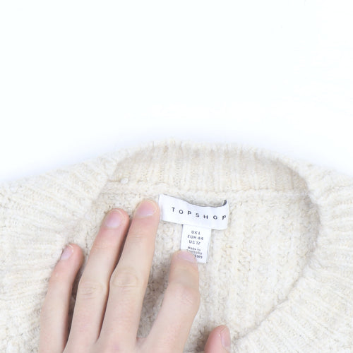 Topshop Women Ivory Waffle-Knit Zip Pullover Jumper Size L