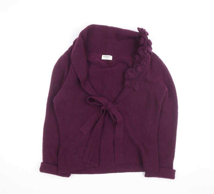 Kaliko Women Purple Cardigan Size 12 Wool Floral Tie Wrap Jumper