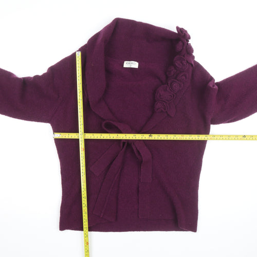 Kaliko Women Purple Cardigan Size 12 Wool Floral Tie Wrap Jumper