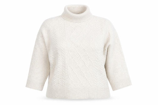 Front view of Barbour Women’s Beige Wool Alpaca Roll Neck Cable Knit Jumper L