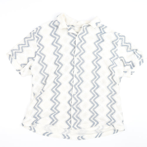 Marks and Spencer Men's White Geometric Cotton Blend Short Sleeve Shirt 2XL