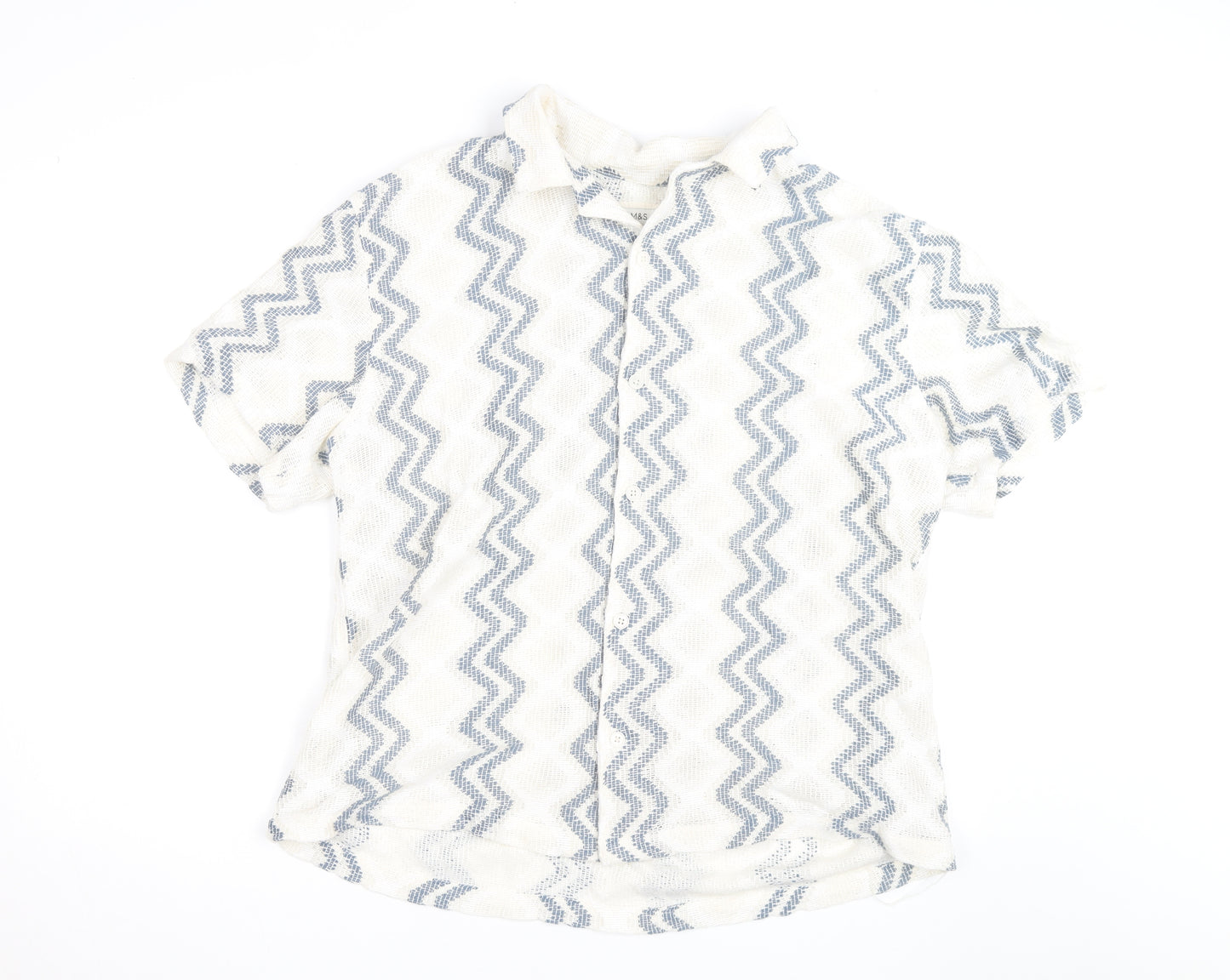 Marks and Spencer Men's White Geometric Cotton Blend Short Sleeve Shirt 2XL