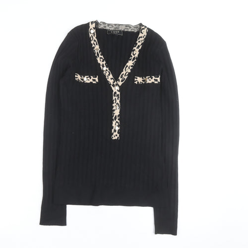 Lipsy Women Black Leopard Trim V-Neck Rib Knit Jumper Size 12