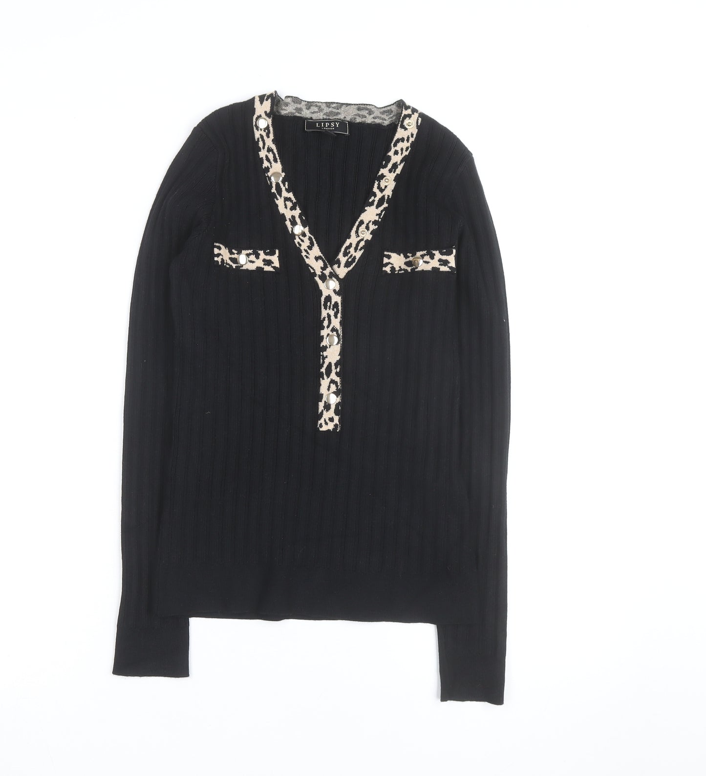 Lipsy Women Black Leopard Trim V-Neck Rib Knit Jumper Size 12
