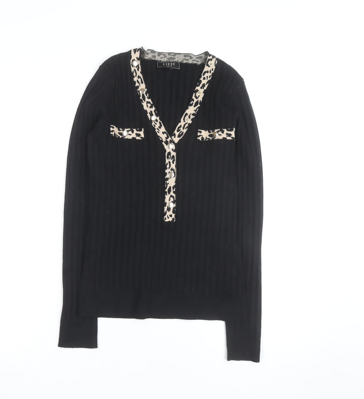 Lipsy Women Black Leopard Trim V-Neck Rib Knit Jumper Size 12