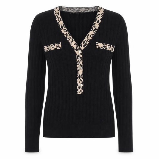 Lipsy Women Black Leopard Trim V-Neck Rib Knit Jumper Size 12