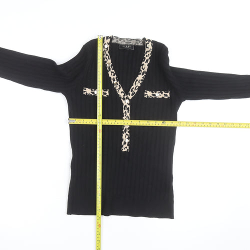 Lipsy Women Black Leopard Trim V-Neck Rib Knit Jumper Size 12