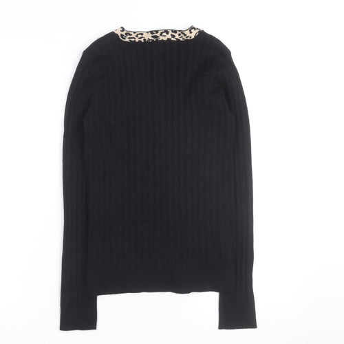 Lipsy Women Black Leopard Trim V-Neck Rib Knit Jumper Size 12