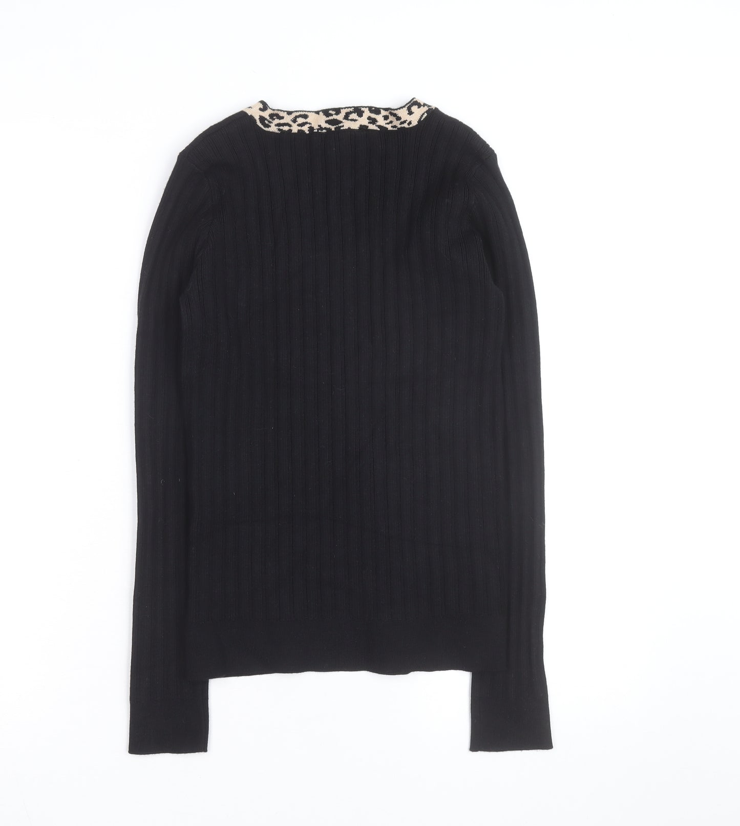 Lipsy Women Black Leopard Trim V-Neck Rib Knit Jumper Size 12