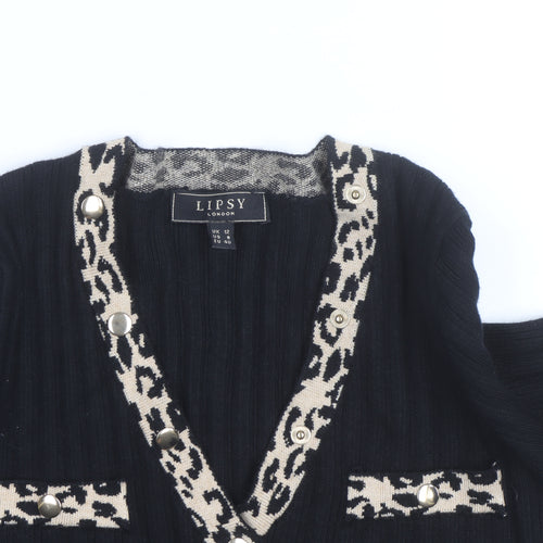 Lipsy Women Black Leopard Trim V-Neck Rib Knit Jumper Size 12