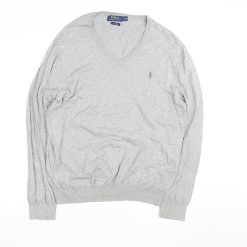 Ralph Lauren Men's Grey Slim Fit V-Neck Cotton Jumper - L