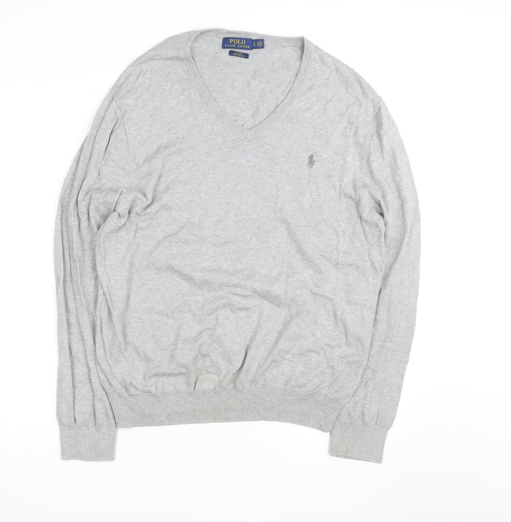 Ralph Lauren Men's Grey Slim Fit V-Neck Cotton Jumper - L
