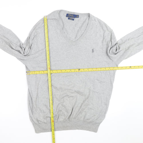 Ralph Lauren Men's Grey Slim Fit V-Neck Cotton Jumper - L
