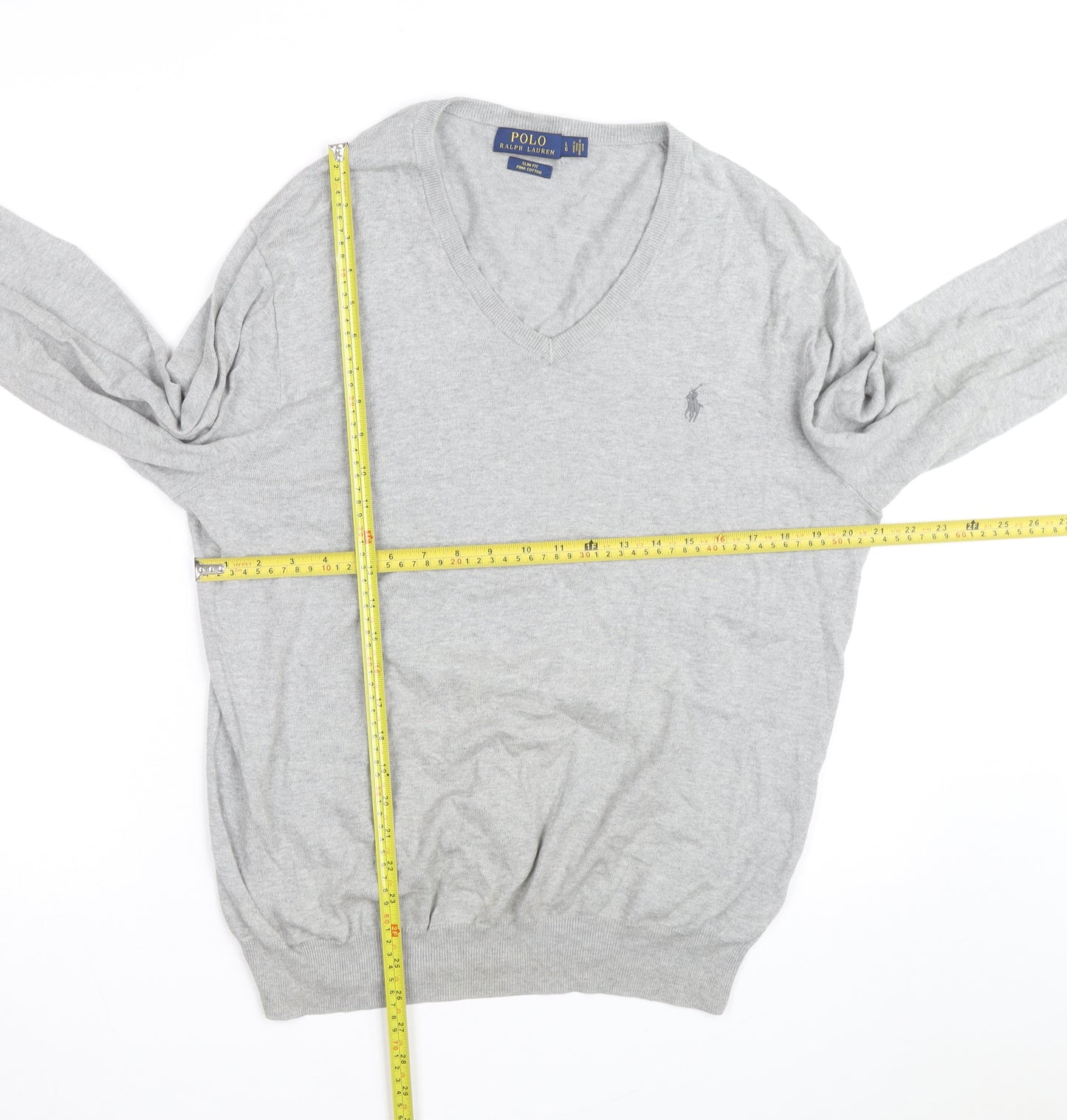 Ralph Lauren Men's Grey Slim Fit V-Neck Cotton Jumper - L