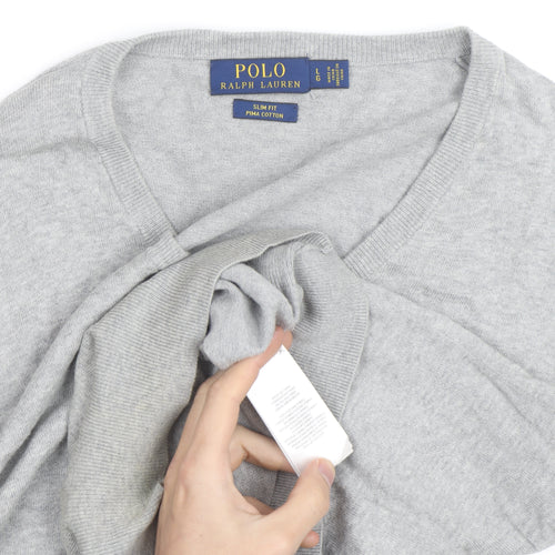 Ralph Lauren Men's Grey Slim Fit V-Neck Cotton Jumper - L