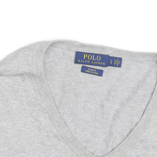 Ralph Lauren Men's Grey Slim Fit V-Neck Cotton Jumper - L