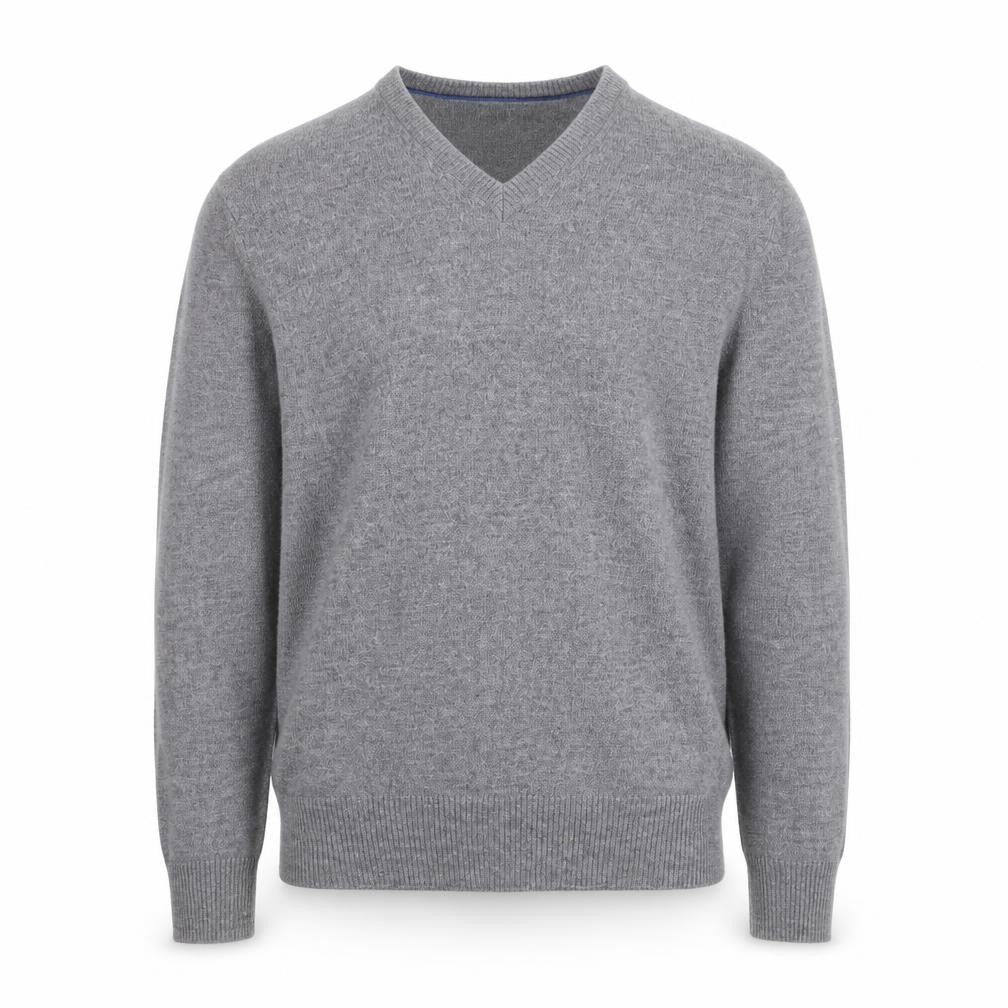Front view of Banana Republic men’s grey wool v-neck jumper, size M