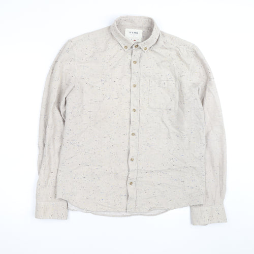 Hymn London Men's Beige Speckled Button-Up Casual Shirt Size L