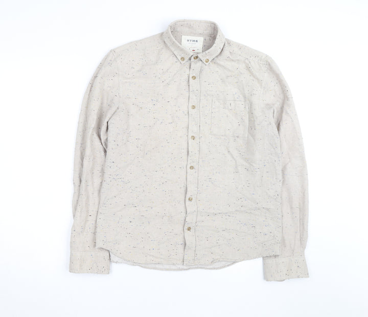Hymn London Men's Beige Speckled Button-Up Casual Shirt Size L