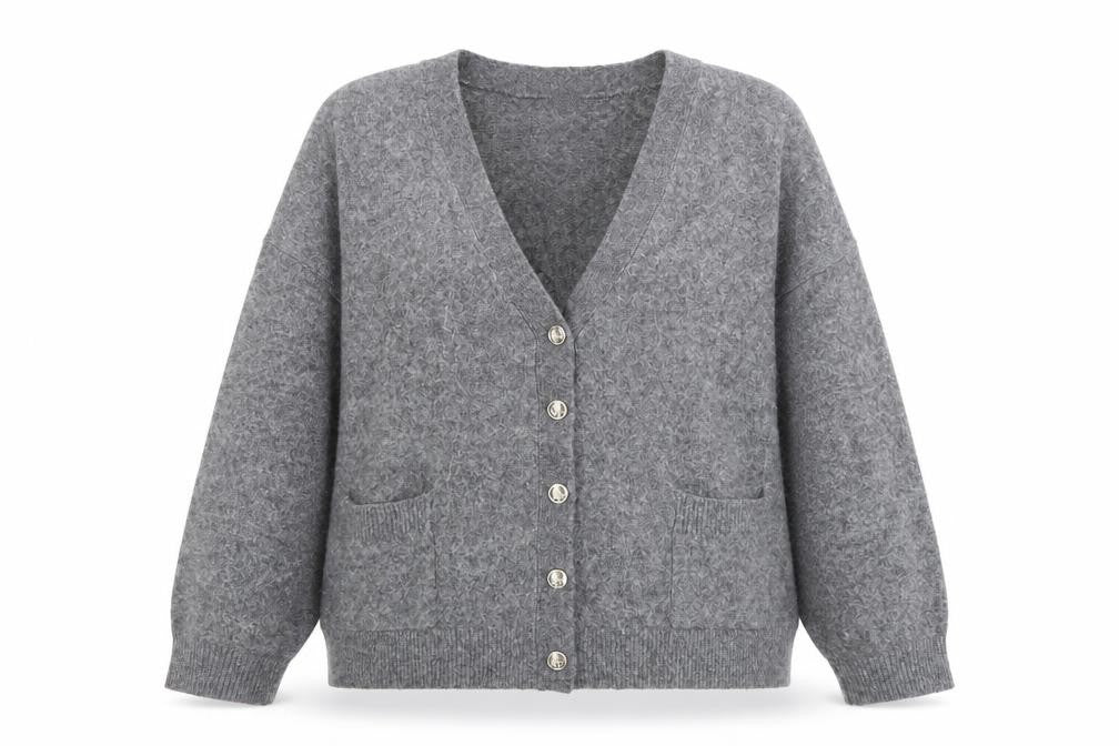 Front view of Savior Women's Grey Wool Blend V-Neck Button Cardigan XL