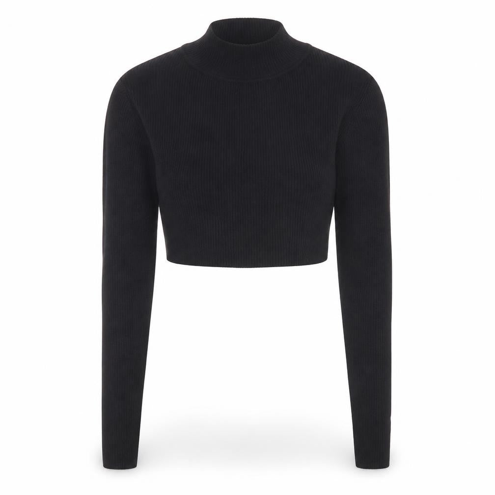 Front view of PRETTYLITTLETHING Women's Black XS Mock Neck Cropped Jumper