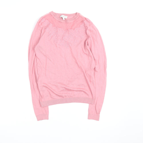 Warehouse Women Pink Floral Embroidered Crew Neck Jumper Size 8