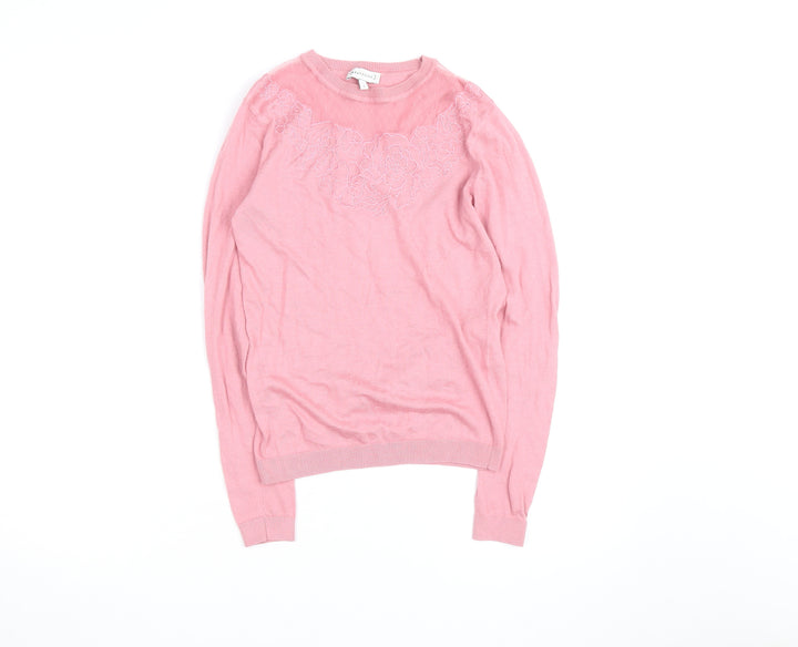 Warehouse Women Pink Floral Embroidered Crew Neck Jumper Size 8