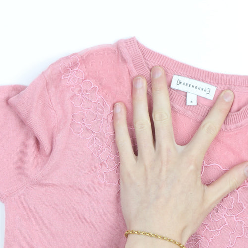 Warehouse Women Pink Floral Embroidered Crew Neck Jumper Size 8