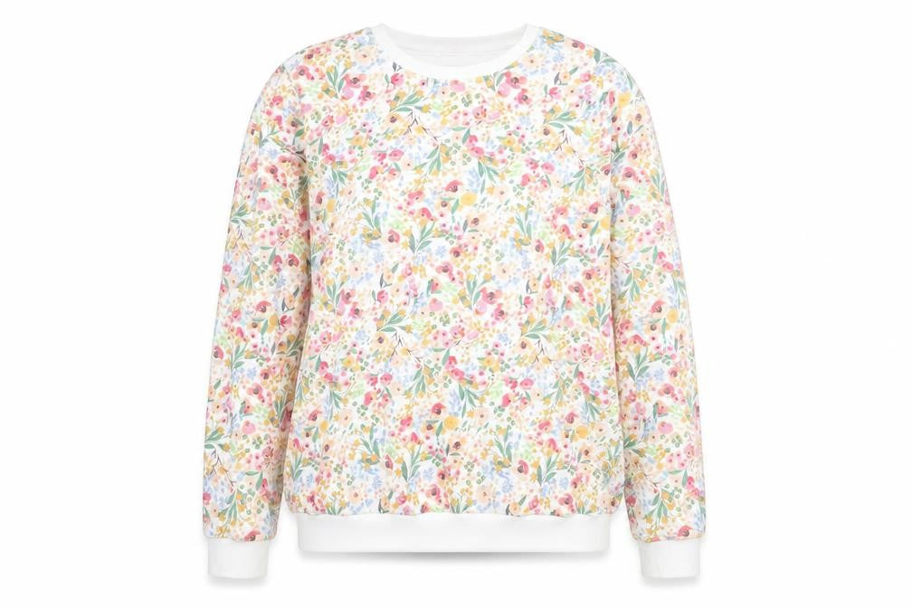 Front view of You Are The Club women’s white floral pullover sweatshirt, size M
