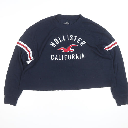 Hollister Unisex Navy Blue Waffle-Knit Pullover Jumper L