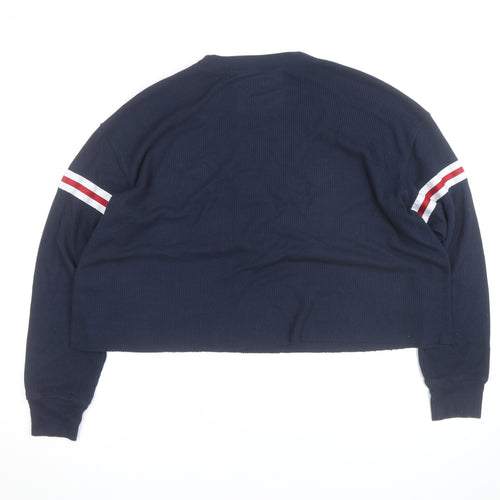 Hollister Unisex Navy Blue Waffle-Knit Pullover Jumper L