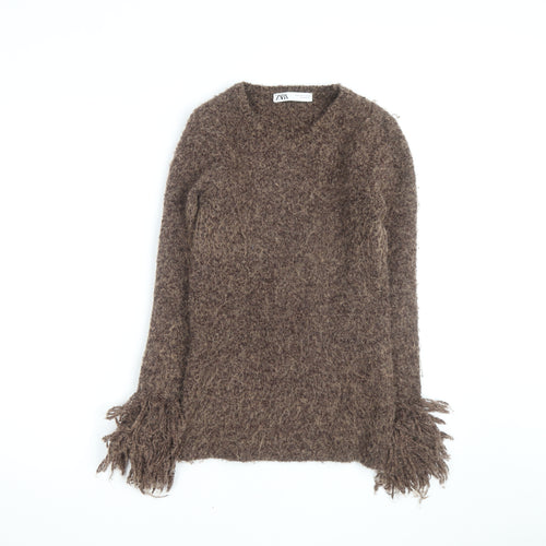 ZARA Women’s Brown Chunky-Knit Fringe V-Neck Jumper Size 12