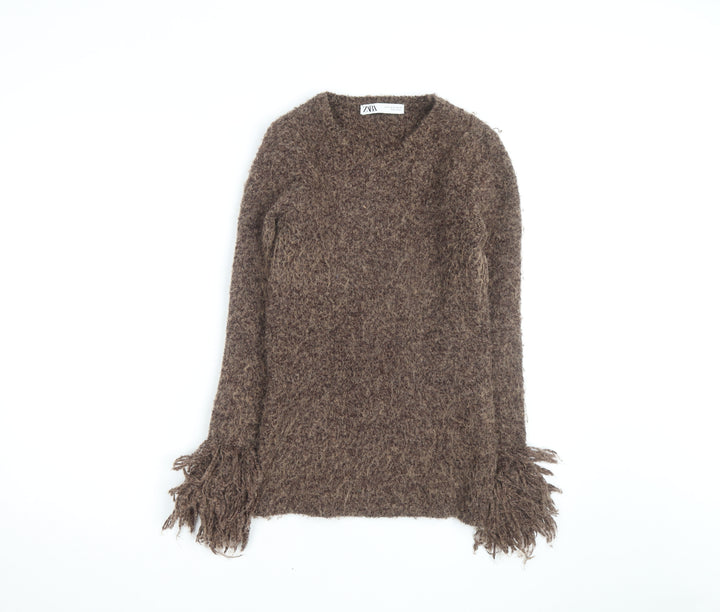 ZARA Women’s Brown Chunky-Knit Fringe V-Neck Jumper Size 12