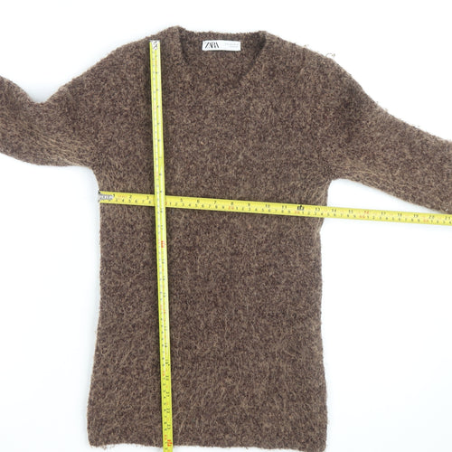 ZARA Women’s Brown Chunky-Knit Fringe V-Neck Jumper Size 12