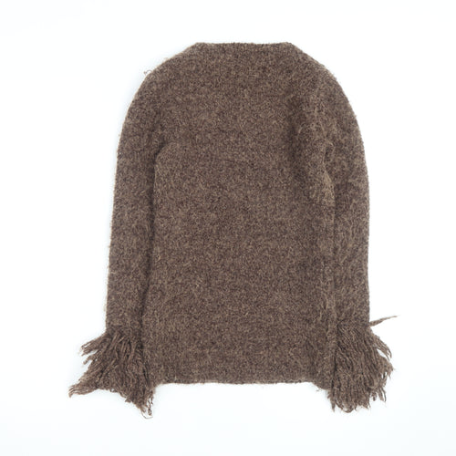 ZARA Women’s Brown Chunky-Knit Fringe V-Neck Jumper Size 12