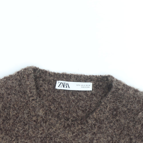 ZARA Women’s Brown Chunky-Knit Fringe V-Neck Jumper Size 12