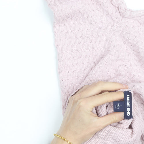 Lands' End Women's Pink Cotton Cable-Knit Roll Neck Jumper Size L