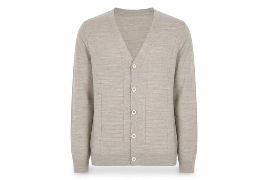 Front view of Burton Menswear Men's Beige Cotton Cardigan Small V-Neck Knit