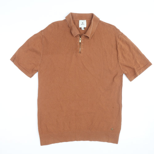 Next Men's Brown Short Sleeve Cotton Zip Polo Shirt Size S