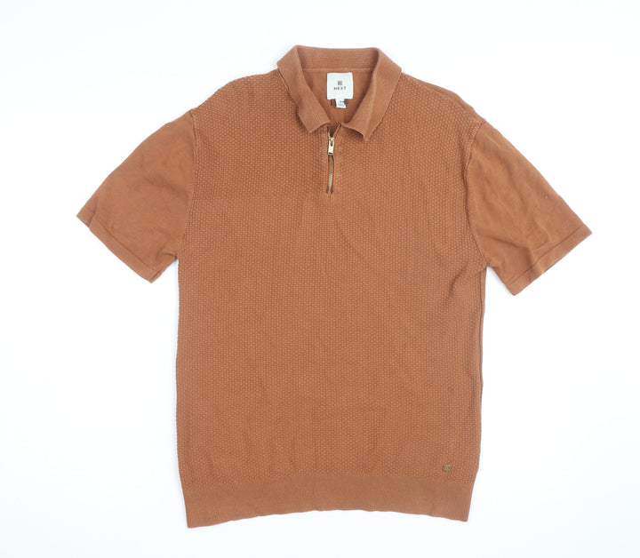 Next Men's Brown Short Sleeve Cotton Zip Polo Shirt Size S