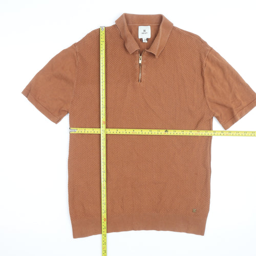 Next Men's Brown Short Sleeve Cotton Zip Polo Shirt Size S
