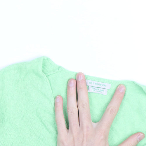 Stile Benetton Mens Green Wool Cashmere V-Neck Jumper Size S